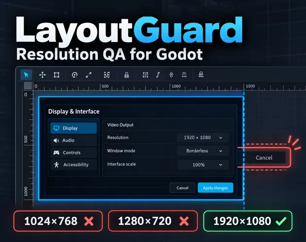 LayoutGuard comparing a broken and a fixed UI at two resolutions